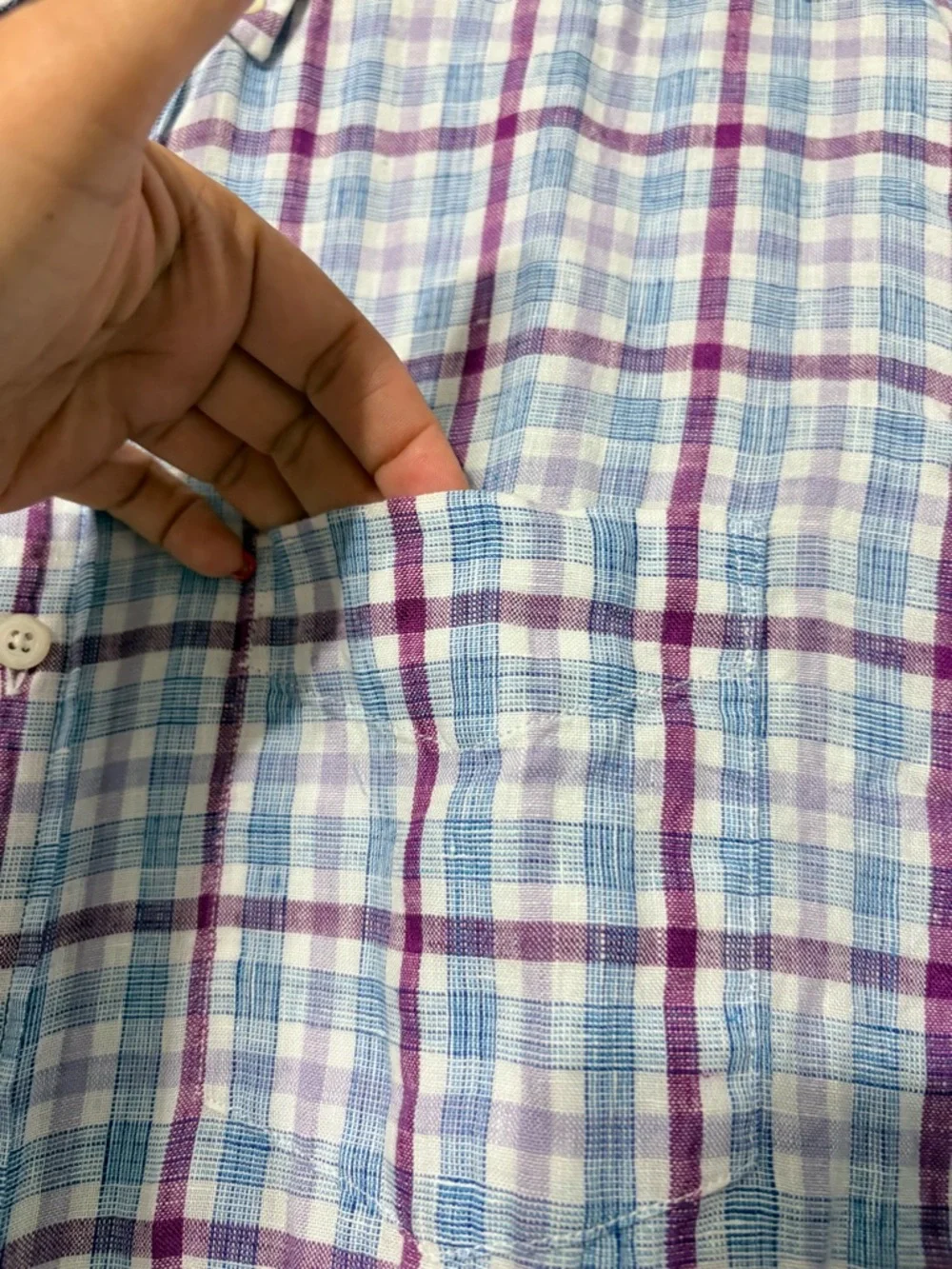 Men’s Banana Republic Linen Purple Blue Plaid Button-Down Shirt Camden Fit L